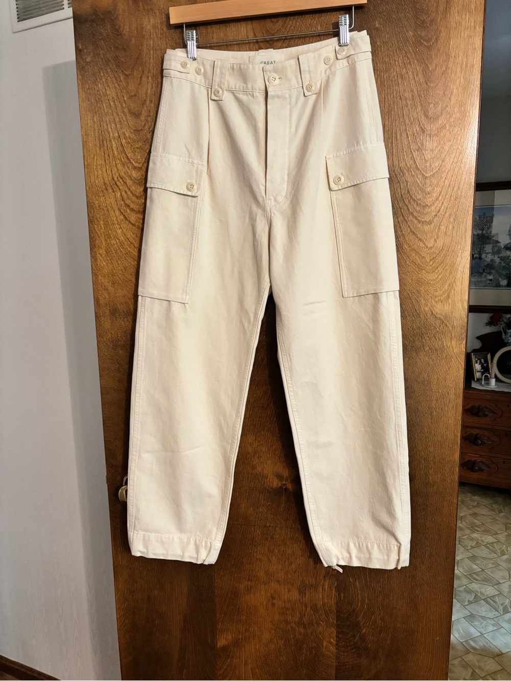 THE GREAT. Convoy Straight-Leg Cargo Pants in Cream - Picture 6 of 12